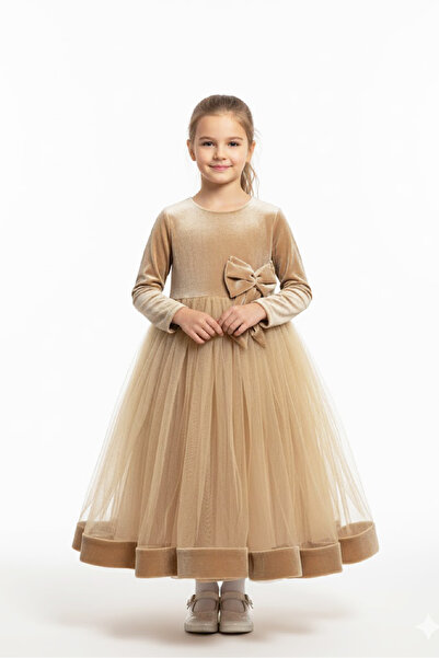 MODANINO Rochie din catifea pentru fete - Detaliu din tul - Decorat cu fundit...