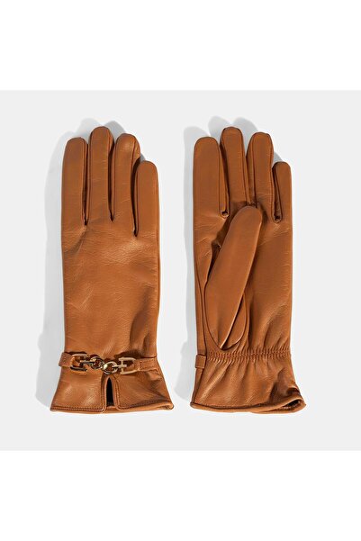 Desa Women's Tan Leather Gloves with Chain Accessories