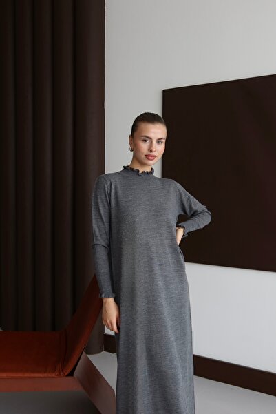 ilmek 23310 Women's Ruffle Detailed Maxi Length Dress Smoked