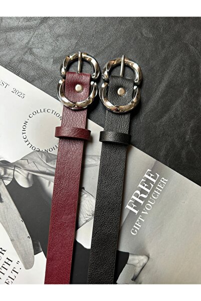 LİA KEMER 2-Piece Jade Double Ring Patterned Women's Silver Buckle Belt Coat Belt Dress Belt Trouser Belt