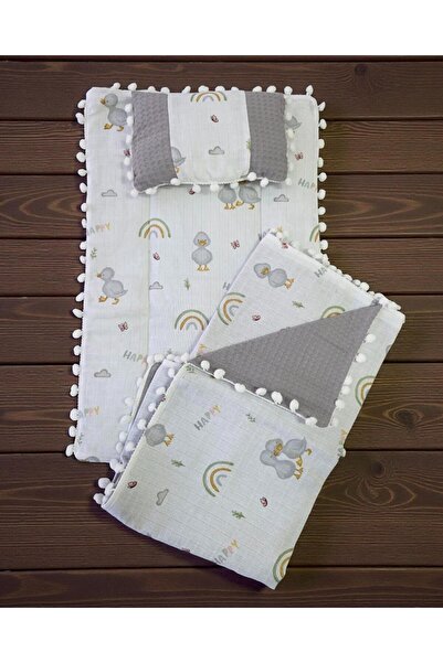 voyyo kids baby 3-Piece Bottom Opening Mat Set with Blanket and Pillow, Muslin Patterned Bottom Opening