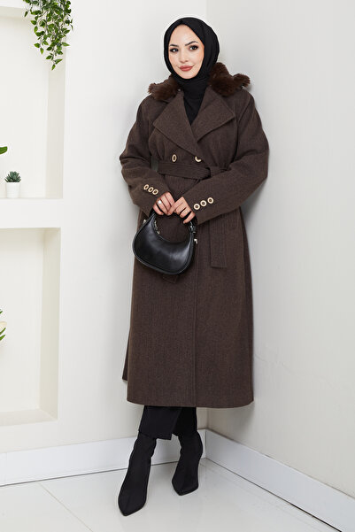 Pamuk Butik Γυναικείο παλτό με λεπτομέρεια από γούνα διπλό πέτο με κορδόνι με ζώνη