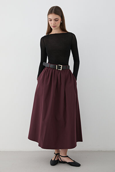 JASTE Γυναικεία Μάξι Φούστα με Ζώνη Μελιτζάνα λεπτομέρεια με σούρες