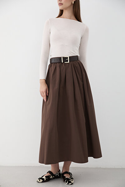 JASTE Women's Brown Belted Ruched Detail Maxi Skirt