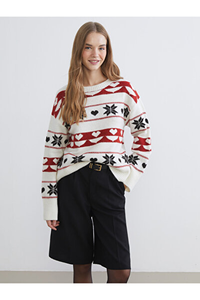 LC Waikiki Xside Ecru Crew Neck Patterned Women's Knitwear Sweater