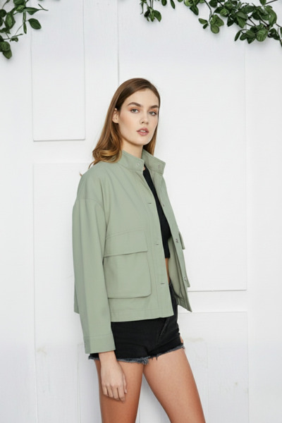 Atölye Güven Women's Green 100% Cotton Oversized Mock Neck Pack of Cargo Pocket Gabardine Jackets