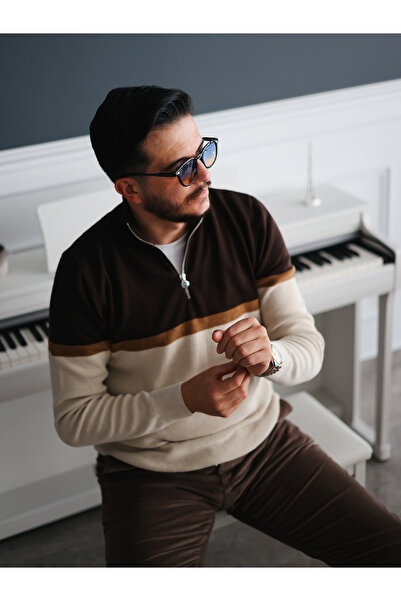 Avni Ceylan Color Block Half Zipper Men's Knitwear Sweater