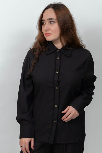 LINELLE Ladies Co-Ord Set – Soft Crepe Black Shirt with Floral Embroidery on Collar with Solid Black Pant