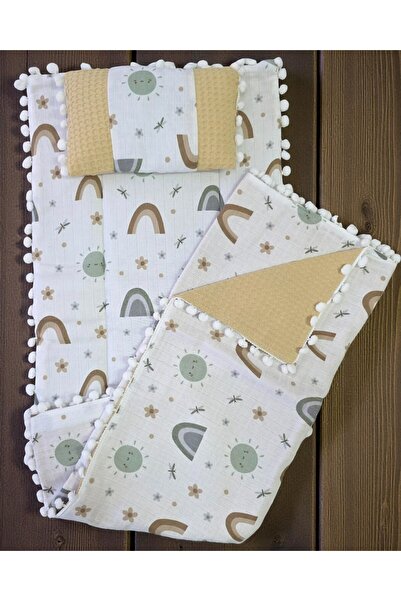 voyyo kids baby 3-Piece Bottom Opening Mat Set with Blanket and Pillow, Muslin Patterned Bottom Opening