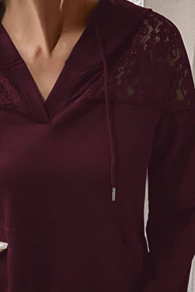 Mossta Lace Detailed V-Neck Hooded Pocket Viscose Two Thread Blouse - Burgundy