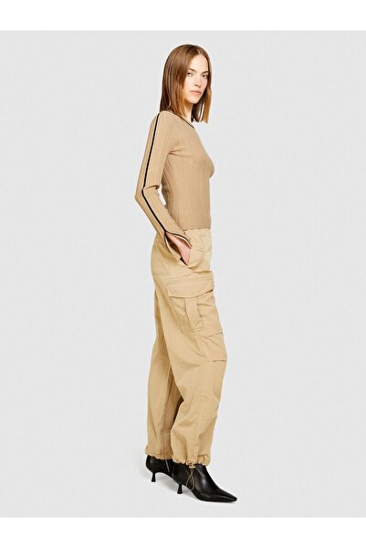 Sisley Elastic Waist Patch Pocket Drawstring Cuffs Trousers Women's Beige Pants - 324P4Jqjlf04R