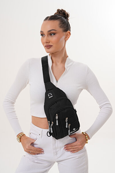 Boman Shop Unisex Black Waterproof Shoulder Bag with USB Headphone Outlet Crossbody Chest Bag