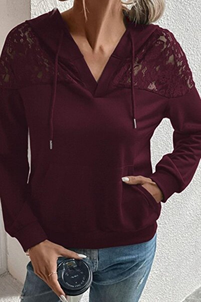 Mossta Lace Detailed V-Neck Hooded Pocket Viscose Two Thread Blouse - Burgundy