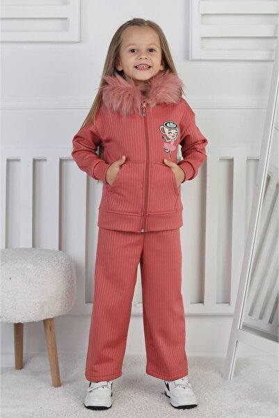 Yalçınoğlu Kids Kız Çocuk Sıcak Tutan Peluş Yakalı Rib Kumaş Takım I Fermuarl...