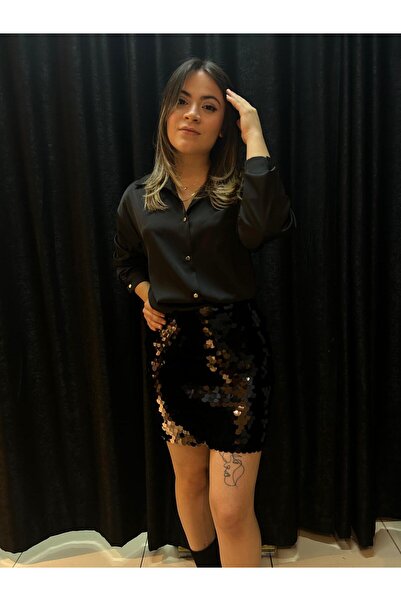 Elit Butik Sequined Black Mini Skirt Party Christmas