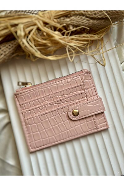 DEMİR ACCESORİES Faux Leather Snap Fastener Zippered Powder Pink Women's Card...