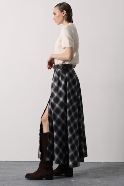 VAGGON Women's Brown Plaid Belted High Waist Slit Detailed Maxi Skirt Vs01645