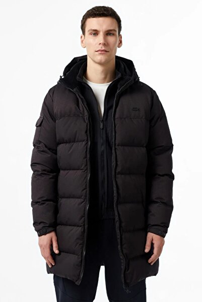 Lacoste Down Fill Parka Long Length Goose down Filled Detachable Hooded Men's Parka Black