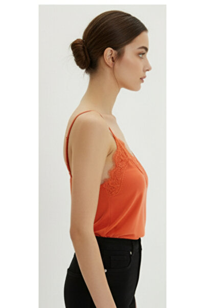 MELA ROSSA Women's Orange Lace Adjustable String Strap Sandy Fabric Tank Top Blouse