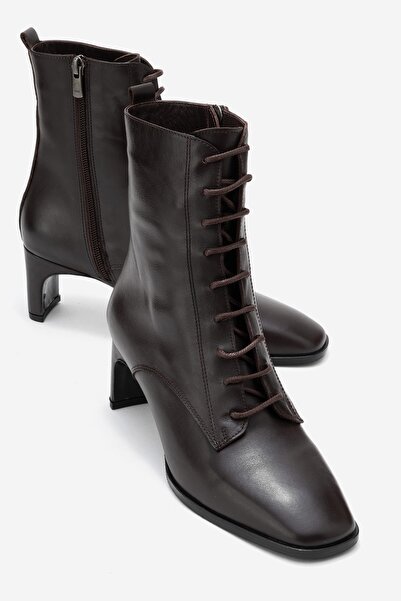 LuviShoes Γυναικείες μπότες με τακούνι SUDY καφέ δέρμα από γνήσιο δέρμα με κορδόνια