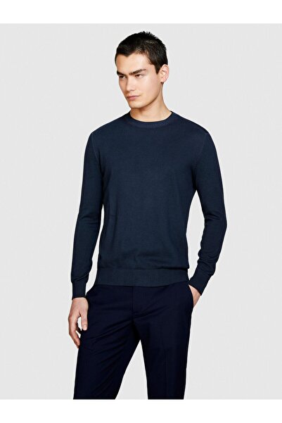 Sisley 100% Cotton Faded Crew Neck Sweater Men's Navy Blue Sweater - 324P1098S1032