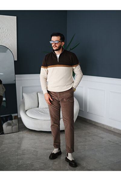 Avni Ceylan Color Block Half Zipper Men's Knitwear Sweater