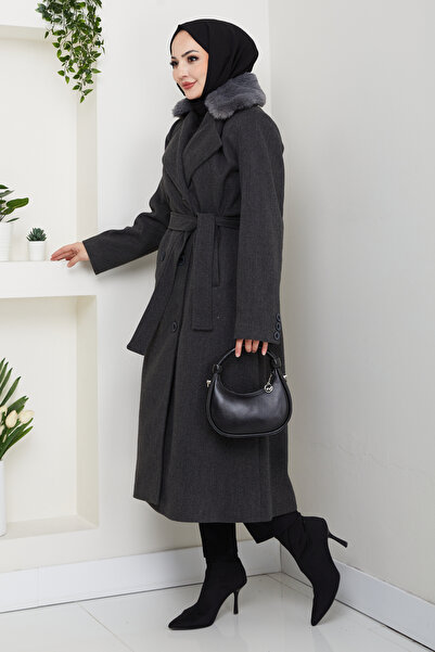 Pamuk Butik Women's Fur Detailed Double-Breasted Collar Belted Cashmere Coat