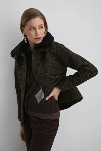 Gusto Wool Coat with Detachable Fur Collar - Khaki