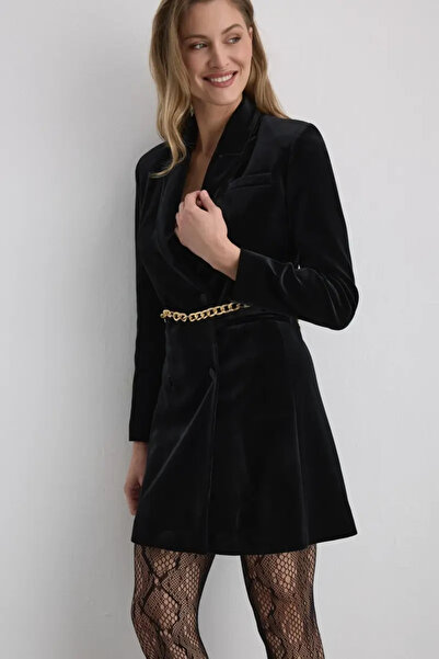 Gusto Velvet Jacket Dress with Chain Belt - Black