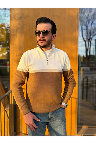 Avni Ceylan Color Block Half Zipper Men's Knitwear Sweater