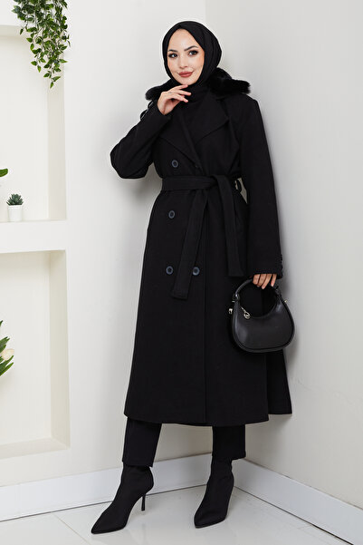 Pamuk Butik Women's Fur Detailed Double-Breasted Collar Belted Cashmere Coat