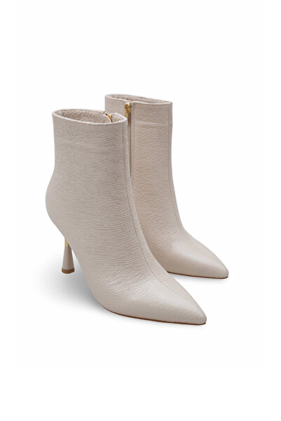 Women Lay-z Women's Beige Snakeskin Textured Thin Heeled Boots 9.5 cm Heel Height, Pointed Toe Stylish Design