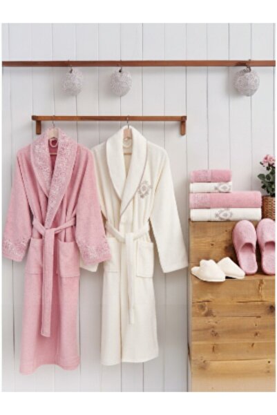 Özdilek طقم روب حمام كريمي للعائلة مقاس M-L - 8 قطع، ناعم وأنيق