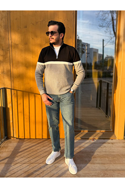 Avni Ceylan Color Block Half Zipper Men's Knitwear Sweater