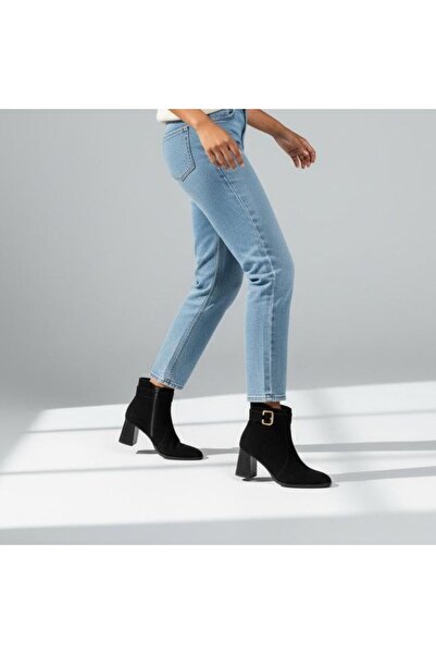 NE&VE SHOES Siyah Süet Hakiki Deri Tokalı Kalın Topuklu Kadın Bot