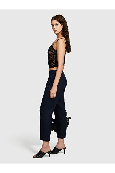 Sisley 100% Linen Elastic Waist Pleated Front Trousers Women's Navy Blue Trousers - 325P4Aghlf00S