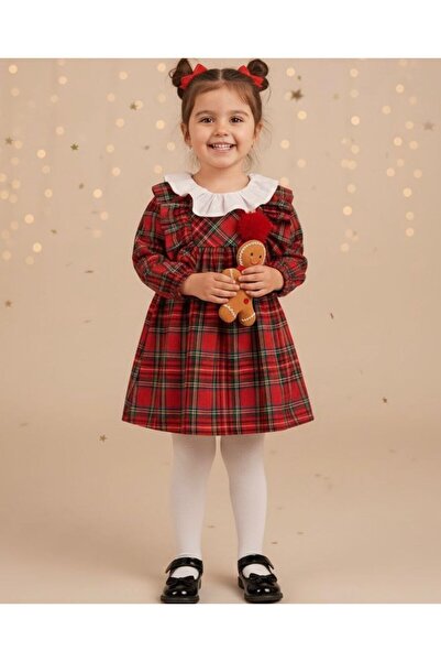 Baby Rose New Year's Ruffled Plaid Stylish Pompom Single Dress (9-12-18-24 Months)