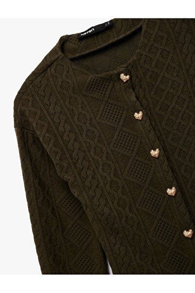 Koton Slim Fit Long Sleeve Crew Neck Heart Button Detail Hair Knit Cardigan