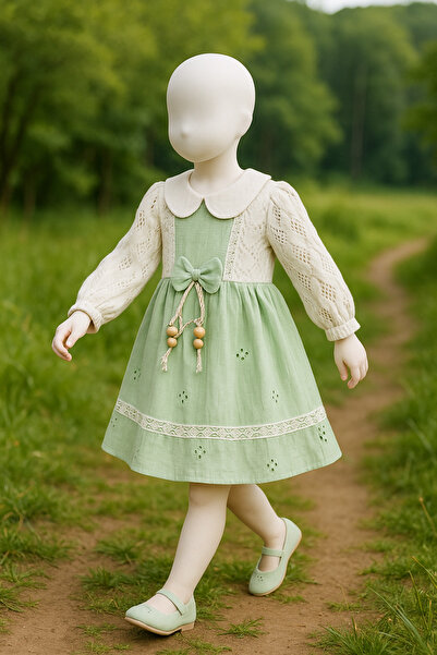 mali-kon kids MALİ-KON 303-11-25 Kız Çocuk Dantel Kollu Fiyonk ve Boncuk Deta...