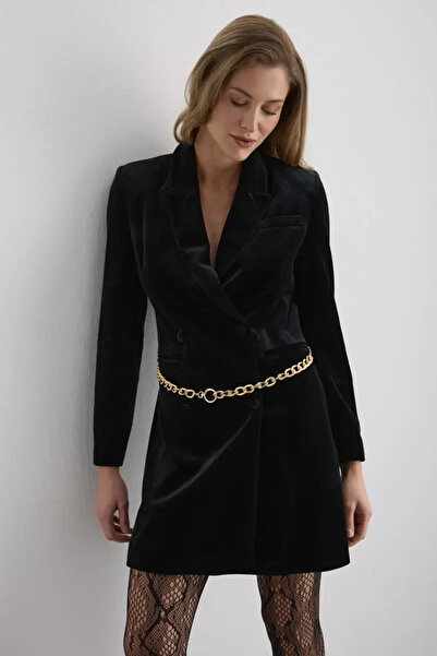 Gusto Velvet Jacket Dress with Chain Belt - Black