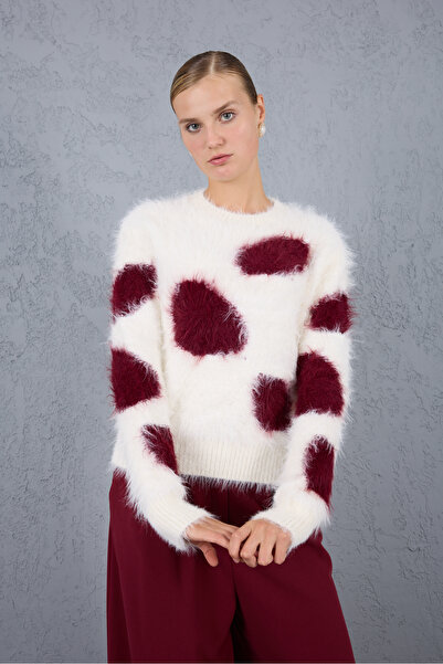 Clothes Fast White-Burgundy Beard Yarn Patterned Crew Neck Knitwear Sweater