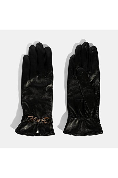 Desa Women's Black Leather Gloves with Chain Accessories