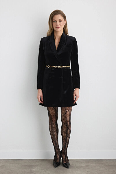 Gusto Velvet Jacket Dress with Chain Belt - Black