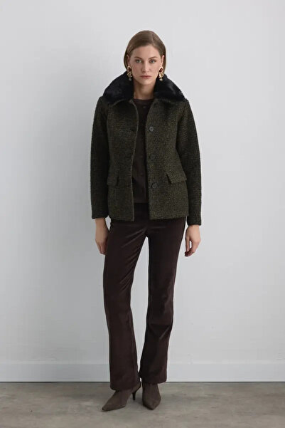 Gusto Wool Coat with Detachable Fur Collar - Khaki