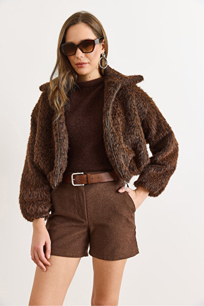 Olalook Women's Bitter Brown Lined Faux Fur Coat with Zipper Pockets Kbn-19000025