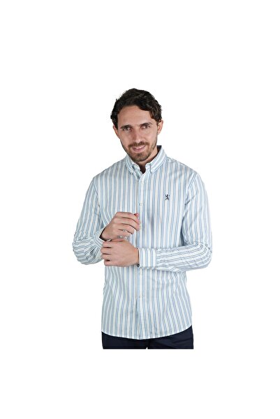 Giordano قميص أكسفورد قطني للرجال - تطريز أسد صغير، قصة ضيقة، أزرار كاملة