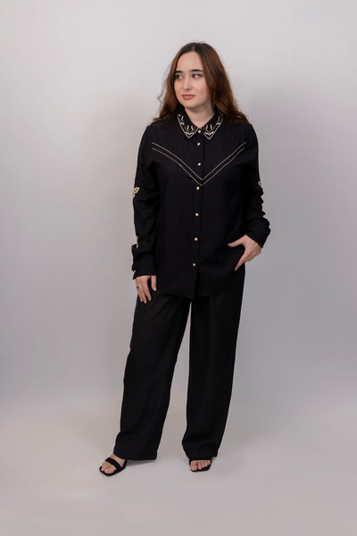 LINELLE Ladies Co-Ord Set – Soft Crepe Black Shirt with Floral Embroidery on Collar and Sleeves, Solid Pant