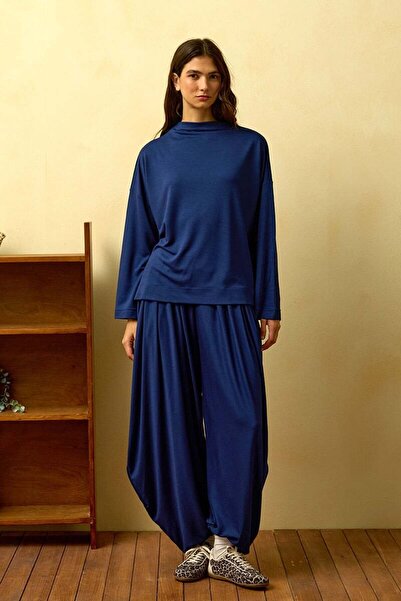 Ceylan Otantik Navy Blue Straight Collar Shalwar Pants Set