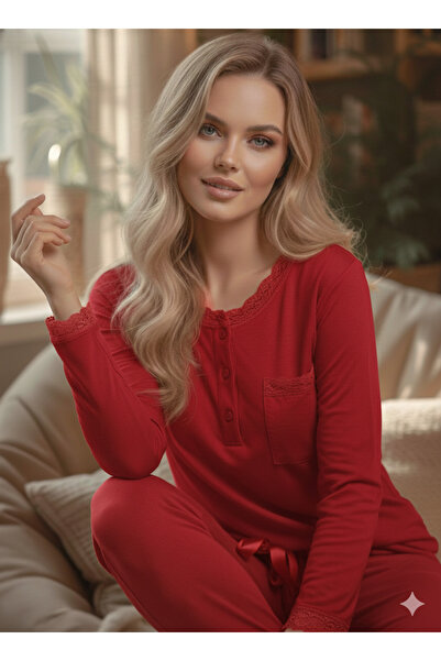 Miss Meryem Kırmızı Ring Viskon Uzun Kol Yakası Patlı Dantelli Büyük Beden Pi...