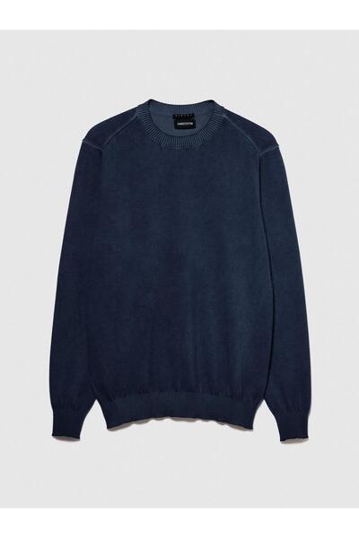 Sisley 100% Cotton Faded Crew Neck Sweater Men's Navy Blue Sweater - 324P1098S1032